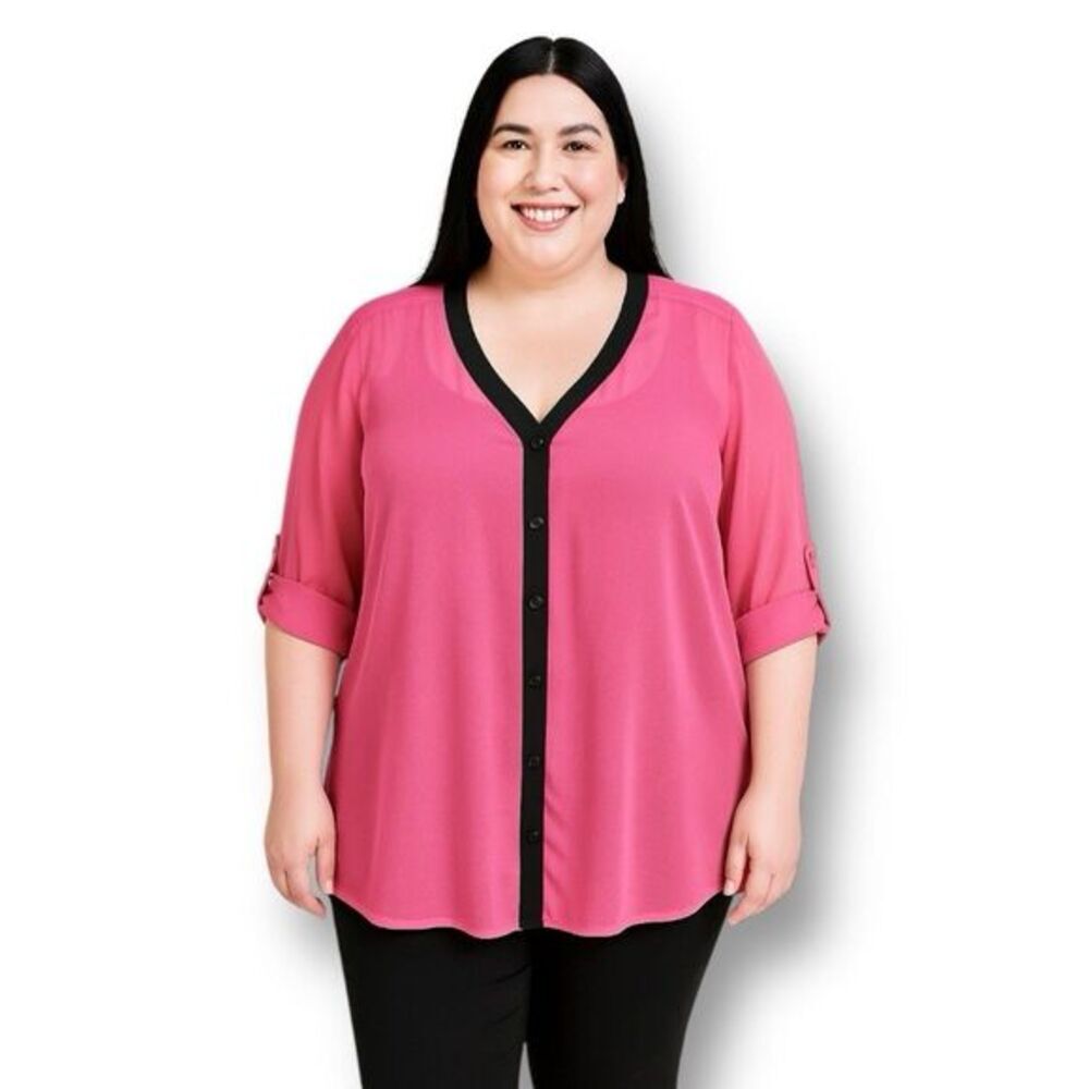 Torrid 0X‎ Large Pink Sheer Blouse Black Trim Button Front Back Slit Layering